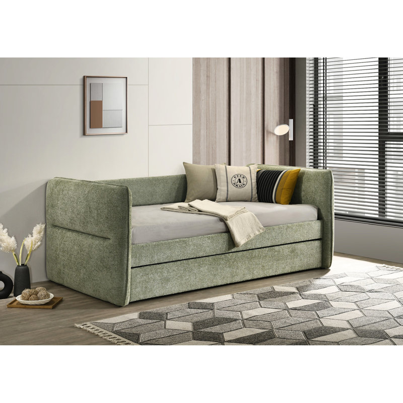 Button Modern Daybed With Nailhead Trim And Pull Out Trundle, Solid Wood For Home Office, Light Green