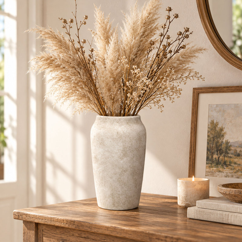 Vase rustique en céramique beige de 23 cm, à grande ouverture, idéal pour une décoration intérieure de style campagnard.