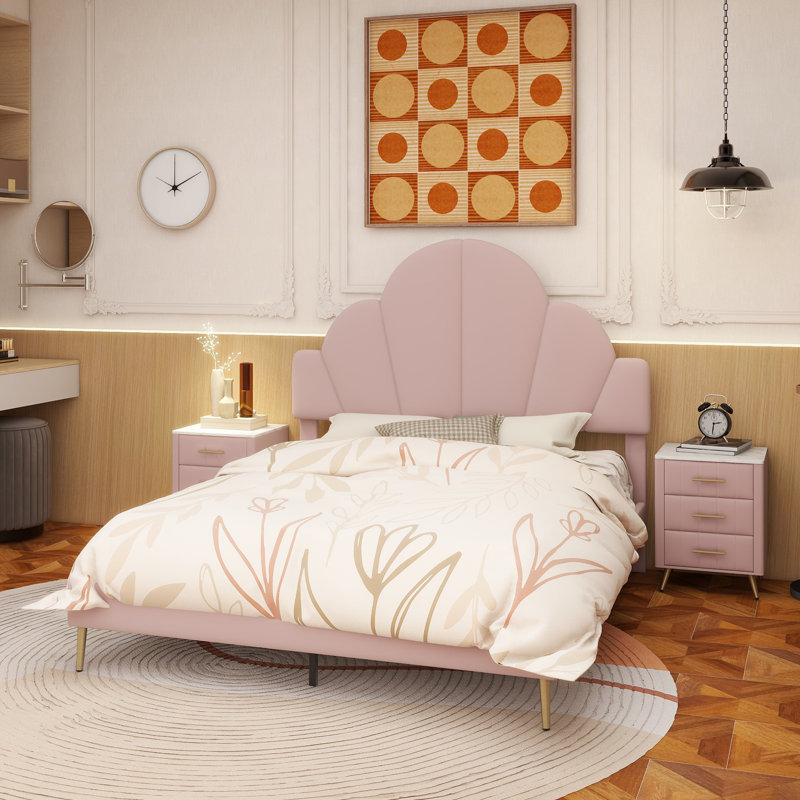 Ensemble de chambre à coucher 3 pièces, cadre de lit tapissier en velours moderne avec tête de lit pétale, tables de chevet 3 tiroirs