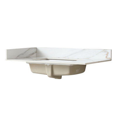37" Sintered Stone Bathroom Vanity Top with Undermount Rectangular Sink - Carrara White Marble Countertop, 4" Backsplash & Pre-Drilled Faucet Holes