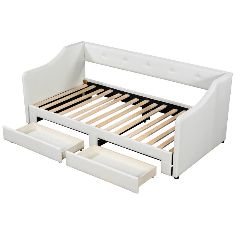 Twin Xl To King Size Beige Upholstered Daybed With Two Storage Drawers, Soft And , Wood Slats Support Expandable Optimal Back Arm Support, No Spring Box Needed