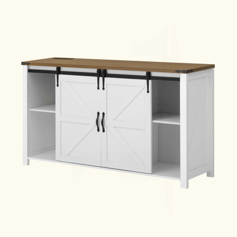 Storage Cabinet With Sliding Barn Doors And 4 Drawers, White/Brown