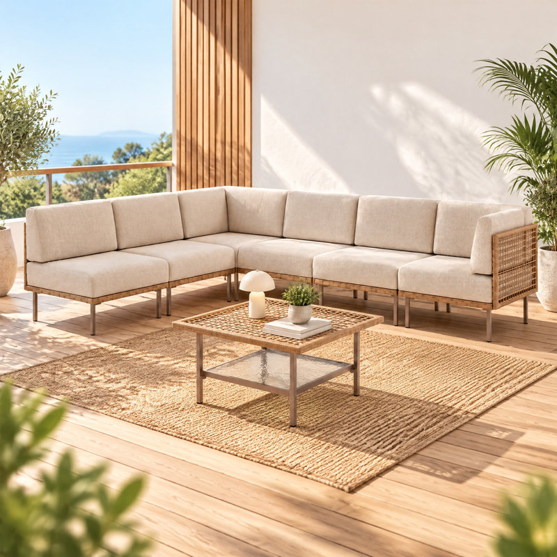 Ensemble de canapé modulaire en osier avec coussins profonds et table basse Reconfigurable, Beige, Ensemble de patio 7 pièces