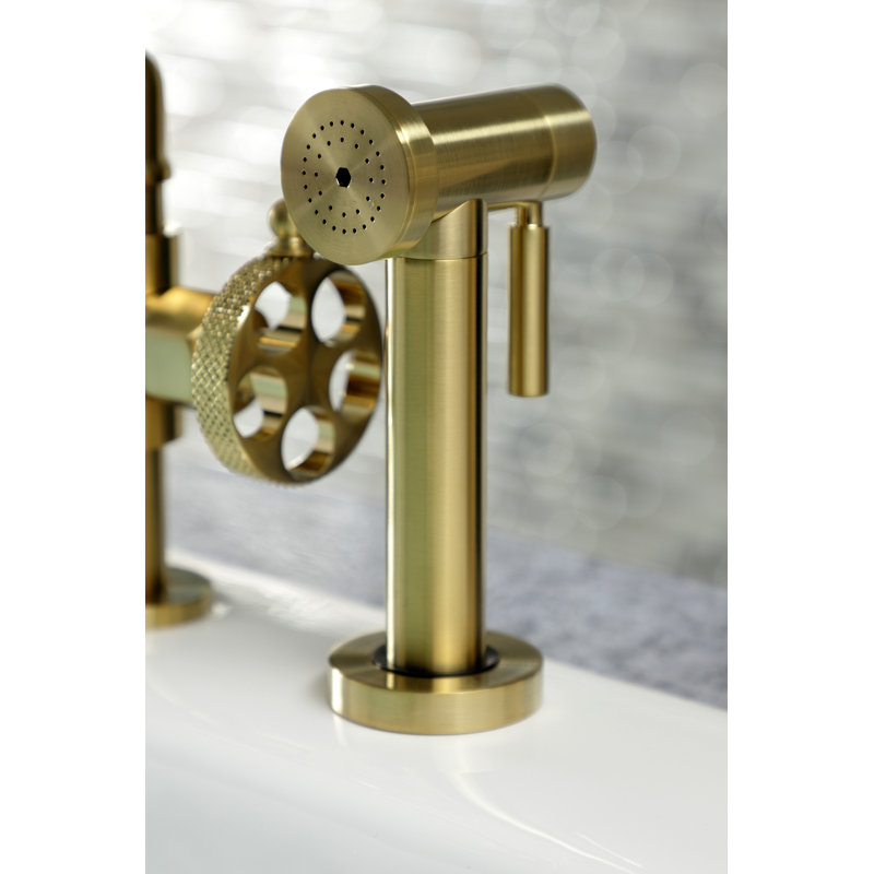 Kingston Brass Webb Two-Handle 4-Hole Deck Mount Bridge Kitchen Faucet with Knurled Handle and Side Sprayer, Brushed Brass
