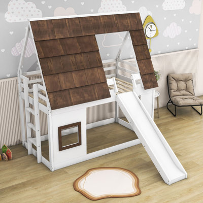 Worthland Twin Over Twin Size Wood Bunk Bed with Ladder and Slide