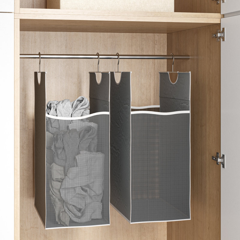 Gray Polyester 2-Compartment Hanging Laundry Hamper Set