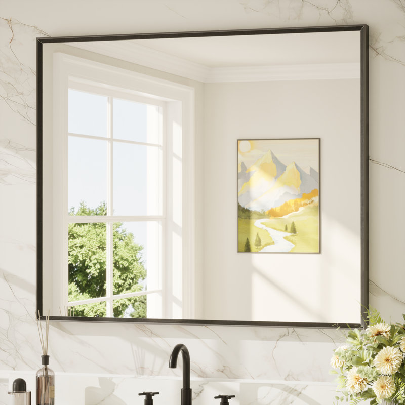 Miroir de salle de bain avec cadre en aluminium et verre trempé, 42 po x 36 po, Noir mat, Rectangulaire