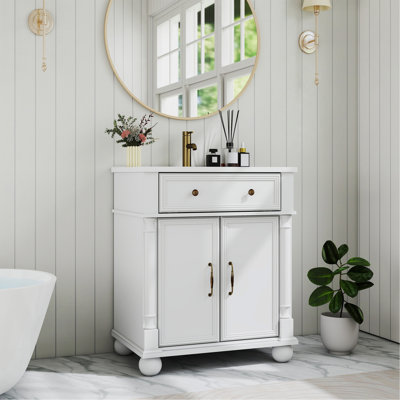 Lavabo de salle de bain de style milieu du siècle, 70,5 cm (27,8 po), avec base à colonnes romaines, lavabo sur pied de style campagnard avec rangement, meuble-lavabo haut de gamme avec poignées en métal et structure en bois massif, blanc