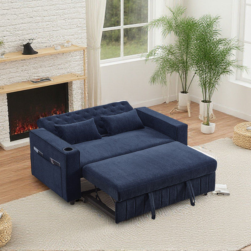 Chenille Convertible Sofa Bed, Blue
