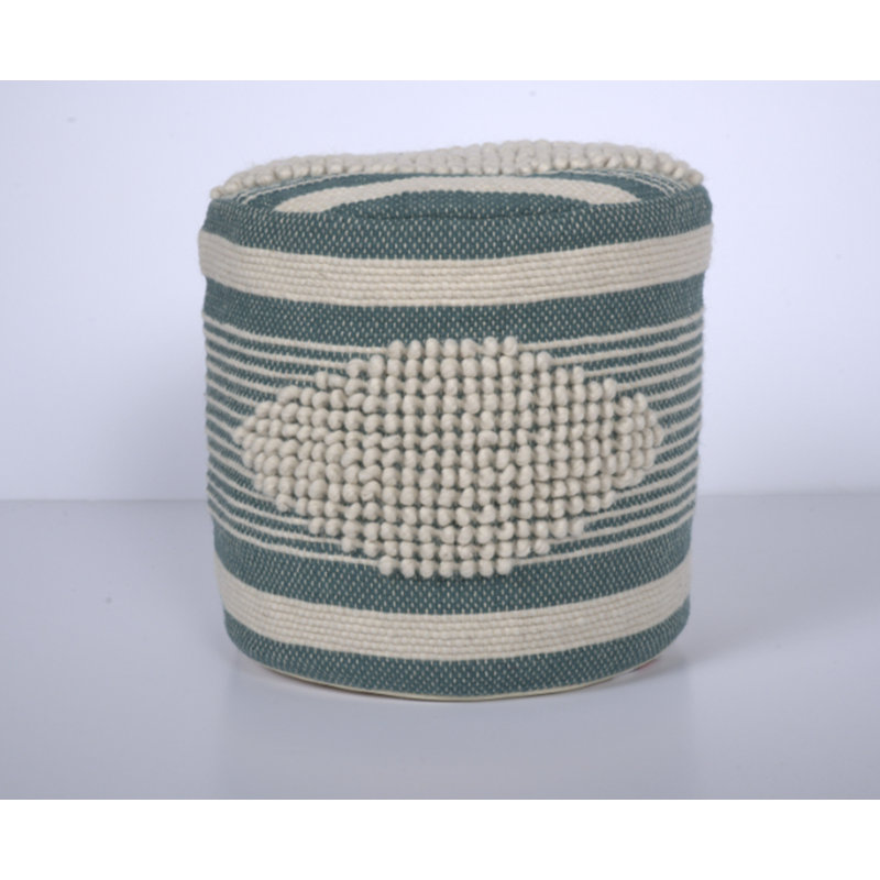 Handcrafted Fabric Cylindrical Pouf, White and Teal, Teal