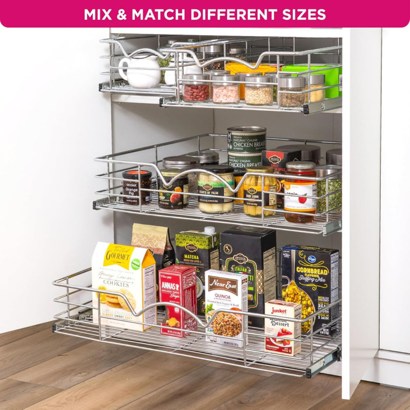 Heavy-Duty Premium Collection Pull Out Cabinet Organizer - Pantry Drawer Slide Out Caddy - Basket Size 11" W X 21" D X 5" H, Anti-Rust Chrome Finish