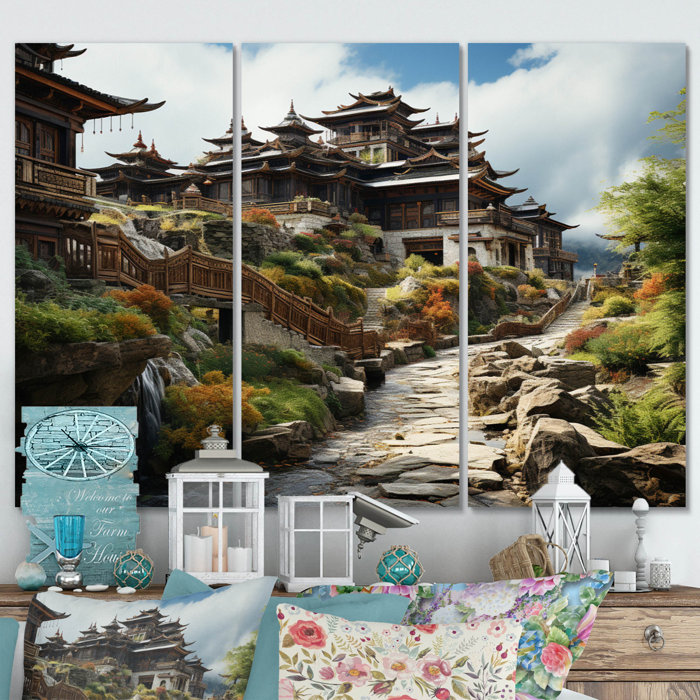 DesignArt Asian Art Tibetan Monastery VI On Canvas 3 Pieces Print | Wayfair