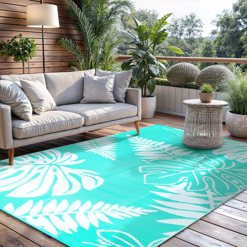 Ellie Reversible Leaf Outdoor Rug, Rectangle 5' x 8', Blue