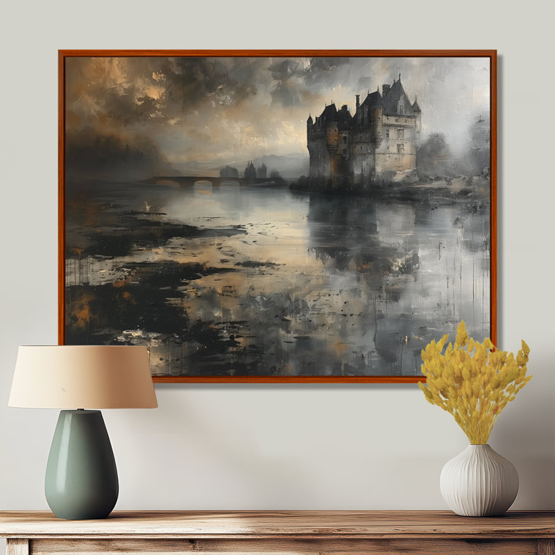 Impression sur toile grise noire et rustique au bord du lac I - Châteaux, Toile encadrée noire simple