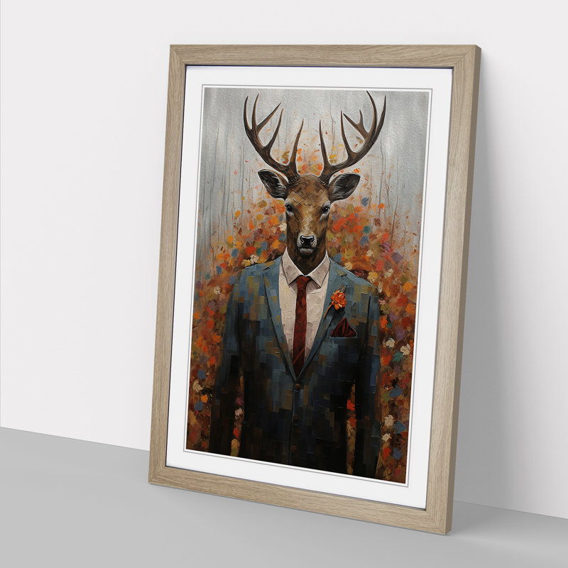 Stag Expressionism - Single Picture Frame Print on Wood, Oak, 34cm H x 25cm W x 2cm D