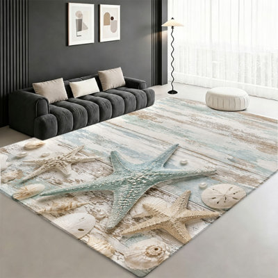 Tapis d'intérieur motif étoiles de mer et coquillages, style bord de mer, antidérapant et lavable, idéal pour le salon, la chambre, l'entrée, la cuisine, le balcon ou un appartement.