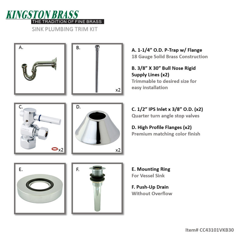 Kingston Brass Trimscape Traditional Plumbing Sink Trim Kit with P-Trap and Drain, Chrome