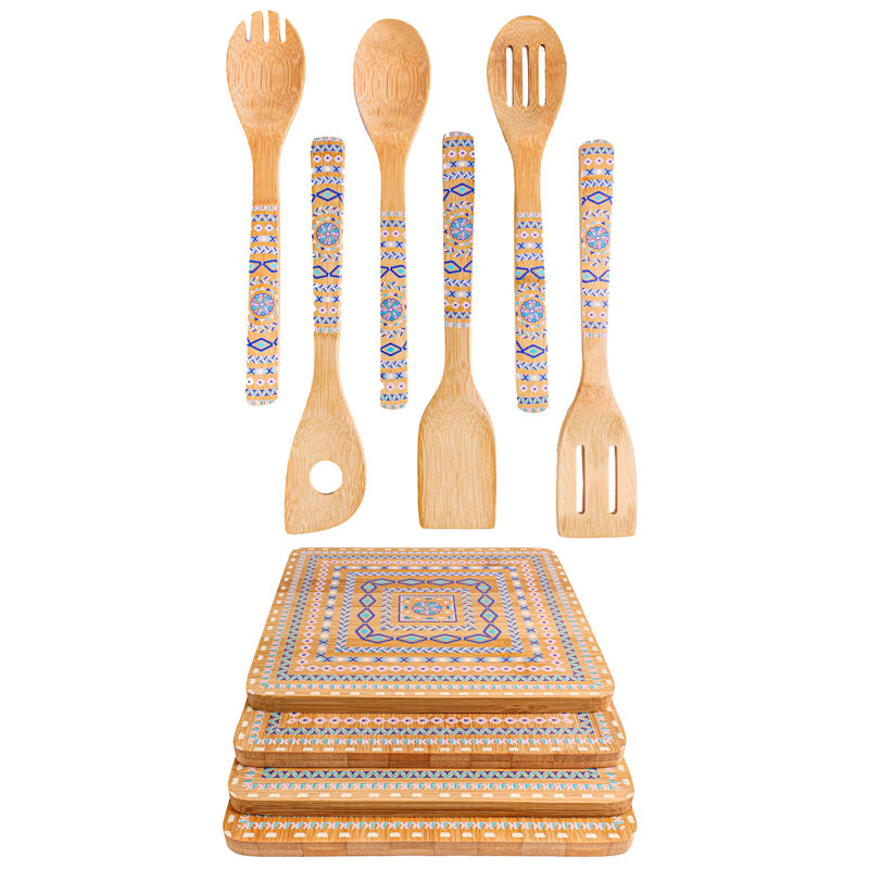 BergHOFF Bamboo 10Pc Patterned Utensil and Trivet Set