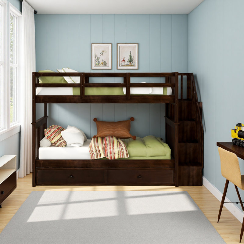 Stairway Twin-Over-Twin Bunk Bed With Twin Size Trundle For Bedroom, Dorm, Adults, Espresso