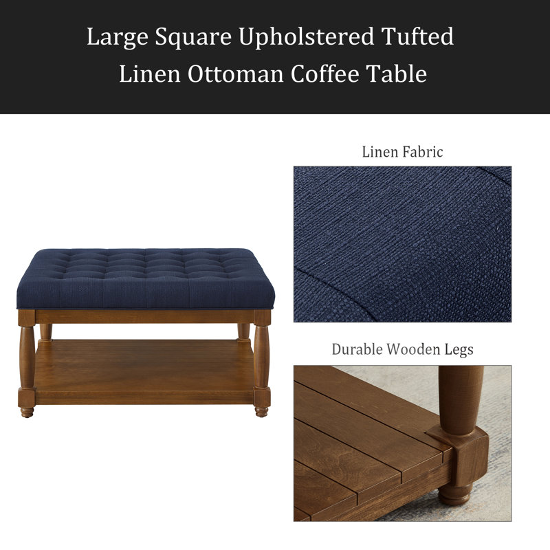 Grande table basse carrée avec repose-pieds en lin capitonné et grand repose-pieds avec tablette en bois massif, Bleu