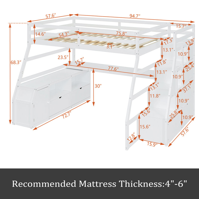 Lit mezzanine double avec 7 tiroirs, 2 tablettes et un bureau, Blanc