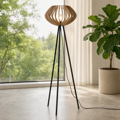 Nordic Tripod Floor Lamp With Wooden Slatted Shade – Rustic Standing Light With Black Metal Legs