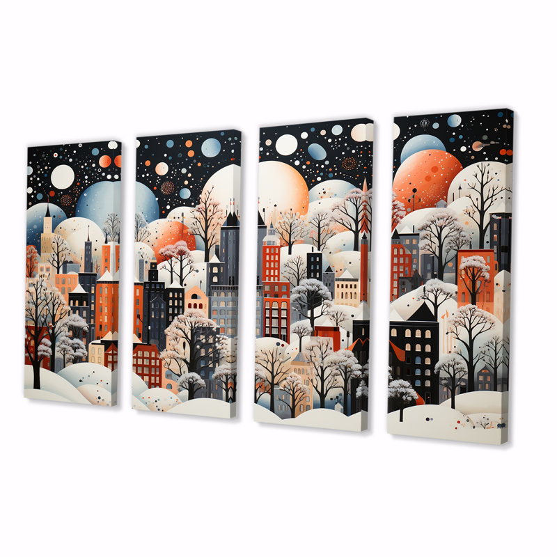 Orange Bubble Winter Village Art Deco - City Art Deco 4 Piece Wall Art Canvas, 28" H x 48" W