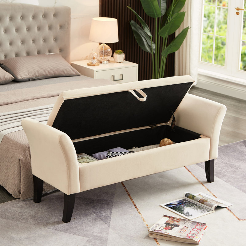 Banc de lit 51,5 po avec rangement en velours beige, Beige