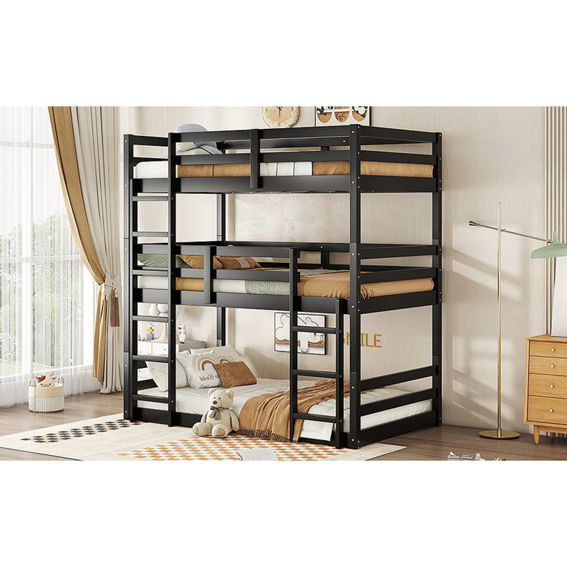 Lit superposé triple en bois d'hévéa avec deux échelles intégrées, garde-corps, lit superposé triple amovible, Noir