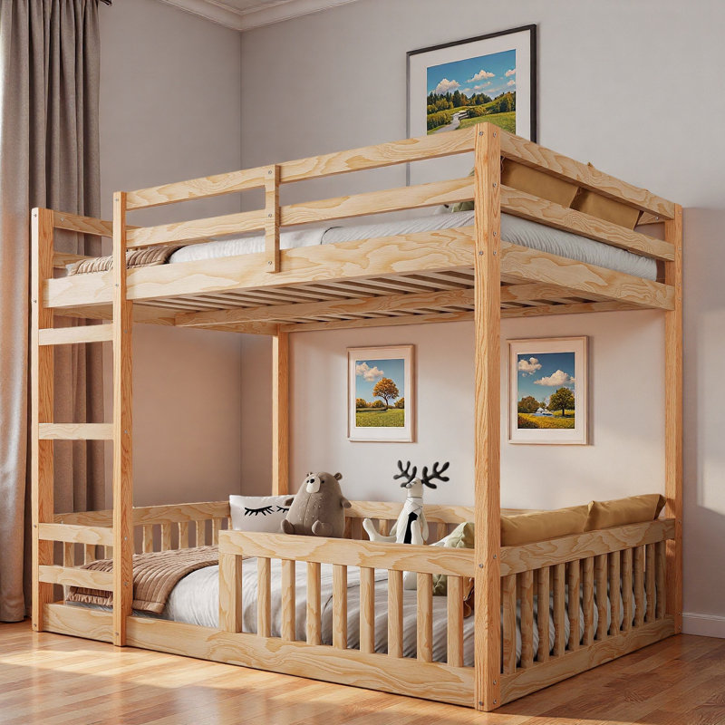 Wood Bunk Bed With Ladder And Guardrails, Natural
