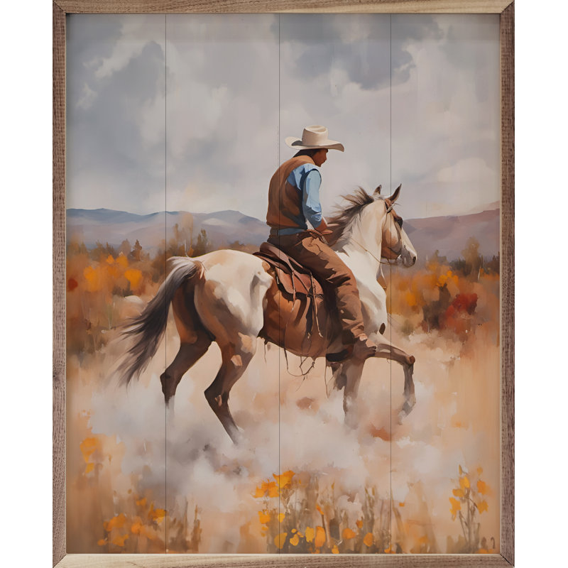 Western Rider encadré sur bois, H 30 po x l 24 po