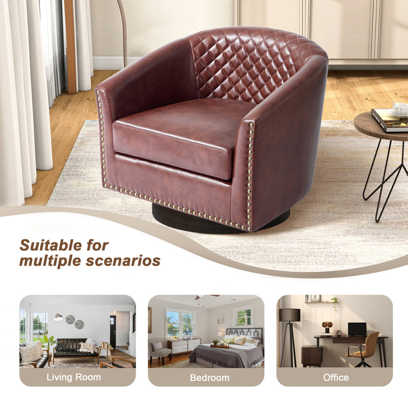 75.2Cm Wide Tufted Swivel Barrel Chair, Red Brown