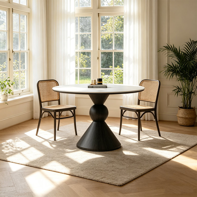Table de salle à manger ronde, plateau de table en pierre frittée avec socle en bois massif, table de salle à manger de cuisine pour la salle à manger 