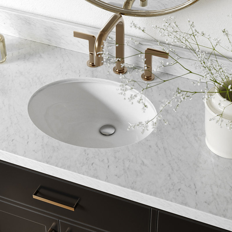 Meuble-lavabo simple en bois massif 54 po avec lavabo en marbre Carrara de 1,5 po Thornaby, Ovale, Noir / laiton satiné