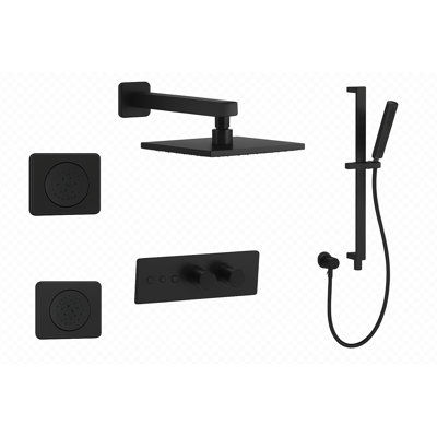 LineaBox Horizontal Square 3-Way Diverter Shower System with 8-Inch Rain Shower Head, Two Body Sprays and Hand Shower with Slide Bar, Valve Included