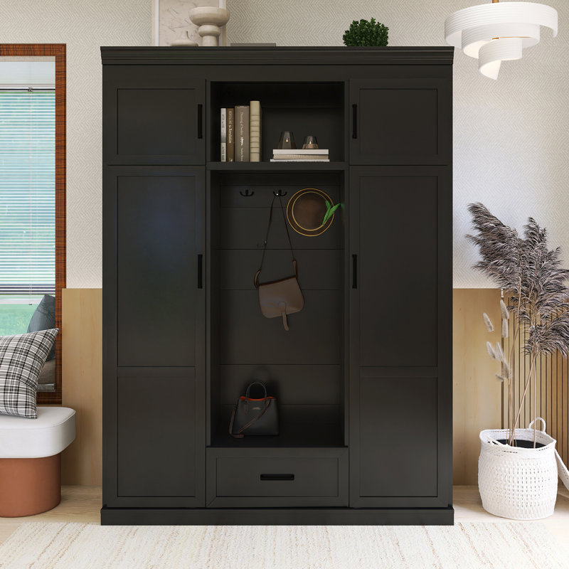 85.2 Inch Hall Tree With 3 Hooks, 4 Doors And 1 Drawer, Black