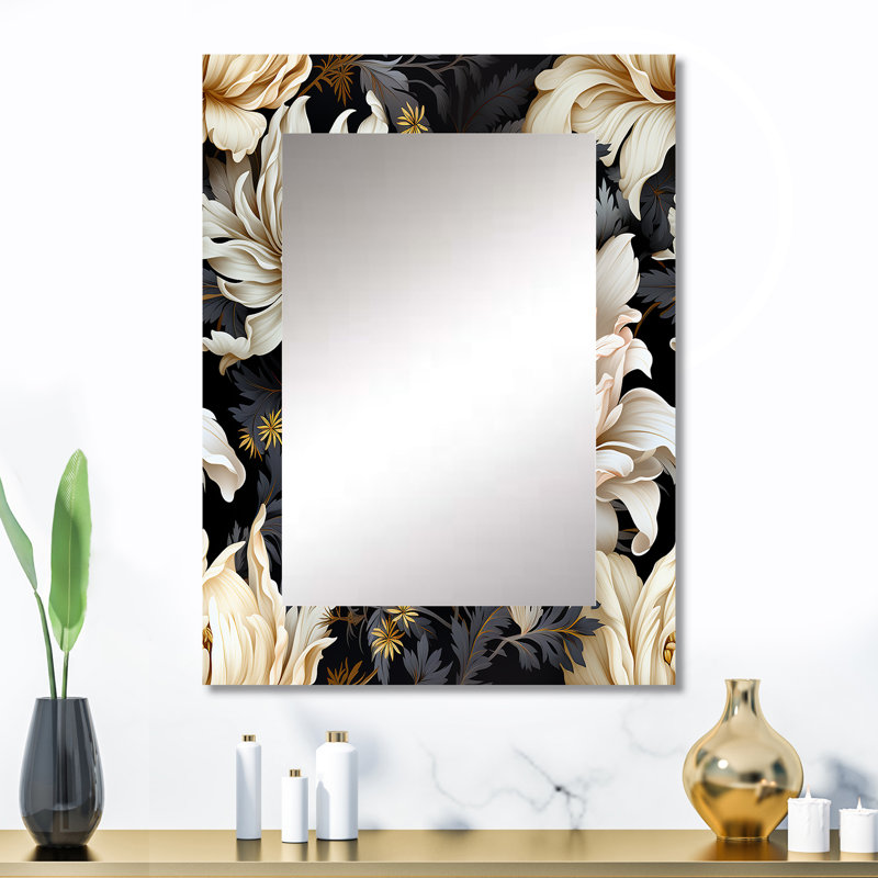 Swayde Golden Beige and Black Flowers Elegance - miroir mural unique glamour, miroir abstrait, impression d'art en métal