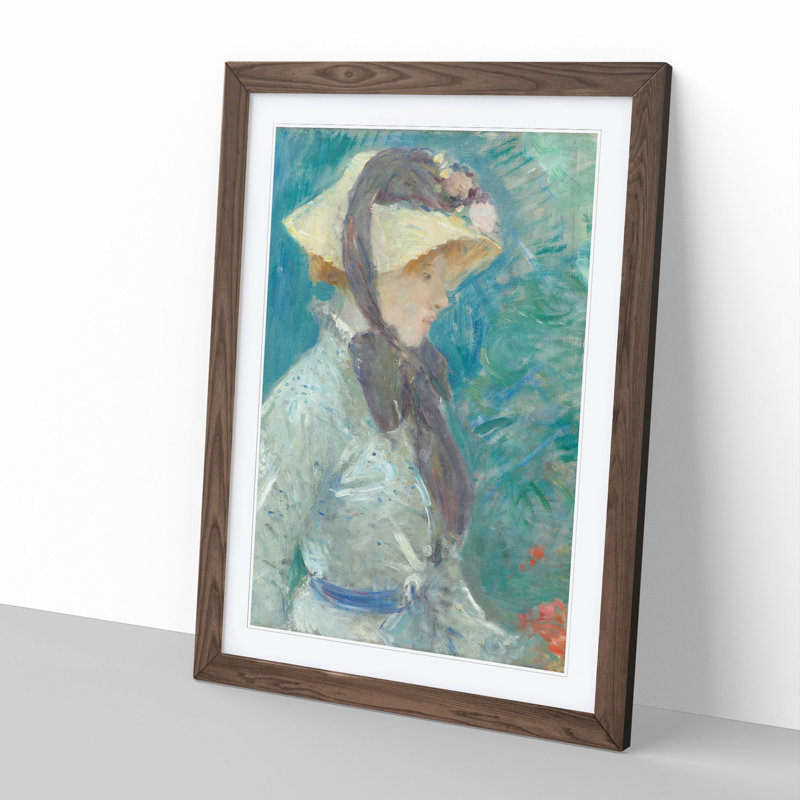 Young Woman with a Straw Hat by Berthe Morisot - Picture Frame Painting, 36cm H x 27cm W x 2cm D, Walnut