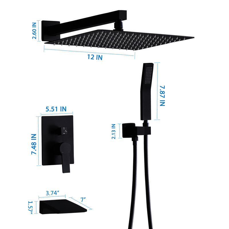 Système de douche complet en noir mat - Tête de 12 po, à main, équilibrée, disque en céramique, douche à main équilibrée facile à installer, fixation murale