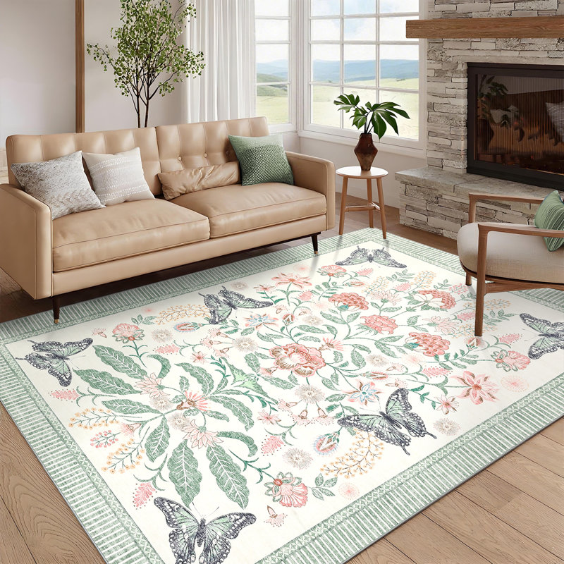 Garden-Inspired Butterfly Washable Area Rug, Stain Resistant Soft Floor Cover for Living Room Bedroom Dining Room, Green