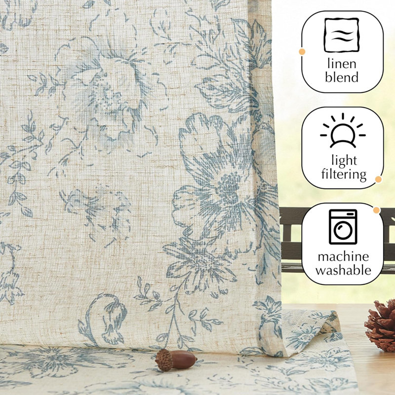 Rod Pocket Floral Kitchen Curtains, 52" W x 36" L, Blue