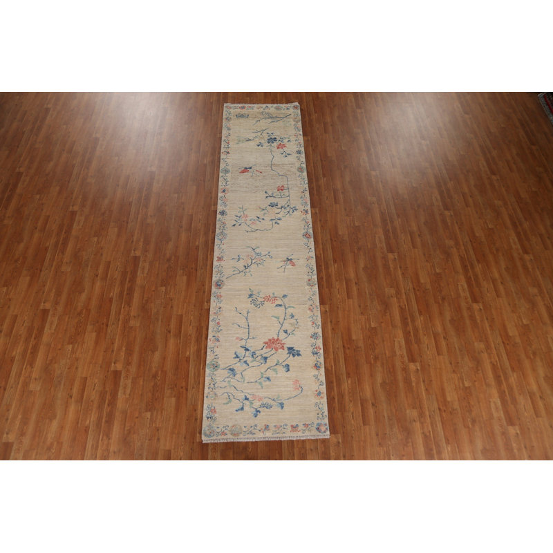 Tapis de couloir beige en laine noué à la main de conception unique 2 pi 10 po x 11 pi 7 po New Age