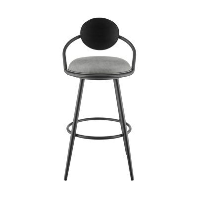 Tabouret de comptoir pivotant 26 po Carnation en fer noir avec similicuir gris rétro et dossier en bois noir