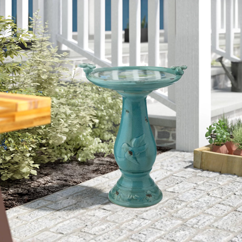 Outdoor Antique Ceramic Birdbath,  25", Turquoise