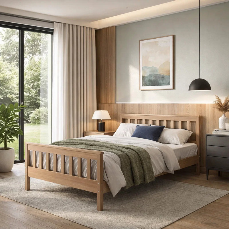 32″ Modern Shaker Solid Pine Platform Bed with Slat Support – Twin, No Box Spring Required for Toddlers and Teens, Beige