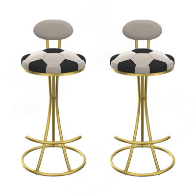 Football Print Bar Stools Set Of 2 Upholstered Counter Height Barstool For Kitchen Island S-Shaped Velvet Metal Dining Chairs (Gold Frame & Creamy White Back)