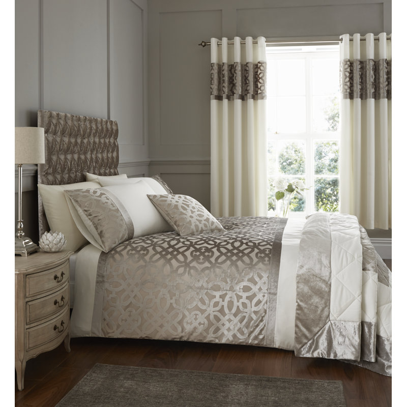 Lattice Cut Velvet 66x72 Inch Lined Eyelet Curtains Two Panels Natural