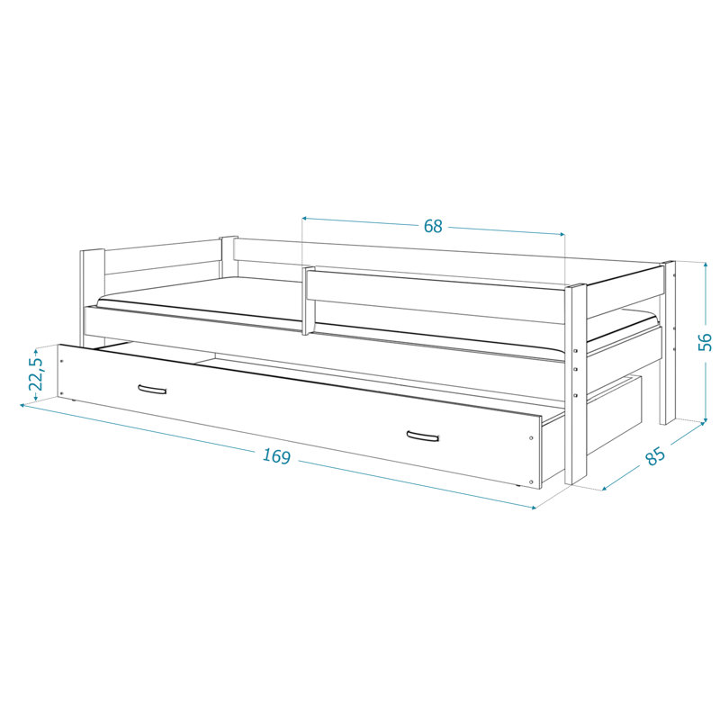 European Toddler (80 x 160cm) Drawer Bed, No, White/Blue