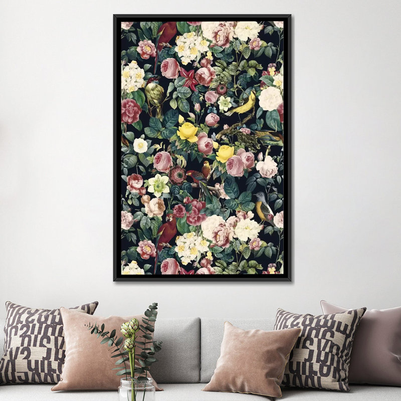 Fleurs et oiseau, impression sur toile tendue, H 26 po x l 18 po x P 1,5 po, Toile avec cadre flottant noir, Pas de tapis