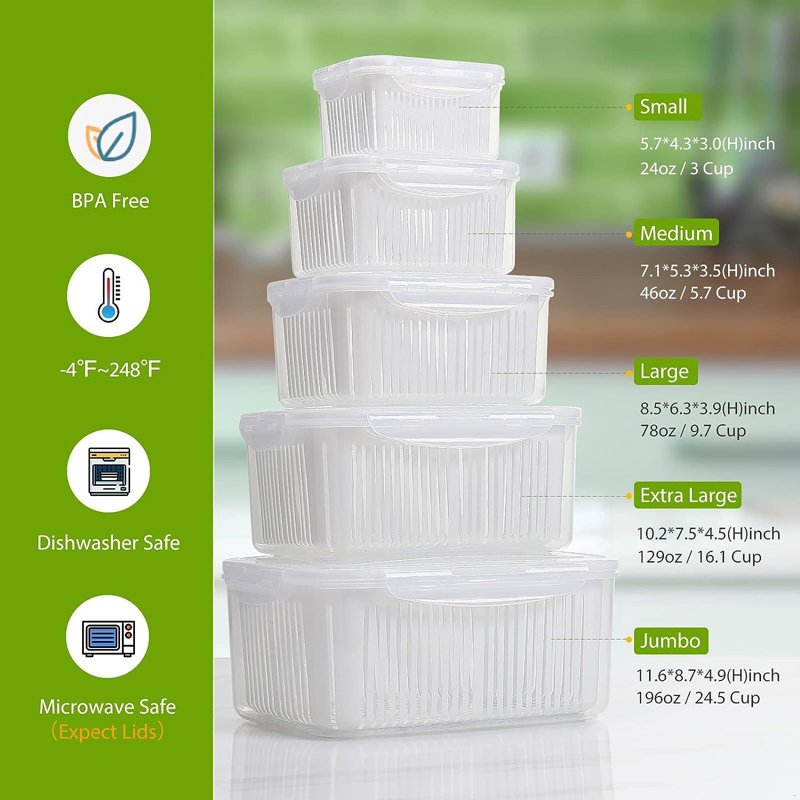 Donara 5 Pack Fruit Storage Containers for Fridge, BPA-Free Produce Containers Keep Fruits Fresh, White